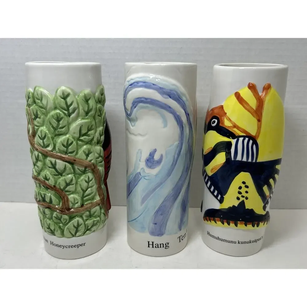 Vtg NCL Norwegian Cruise Line Tiki Mug 3pc Set-Surfer, Red Bird, Fish-Ceramic